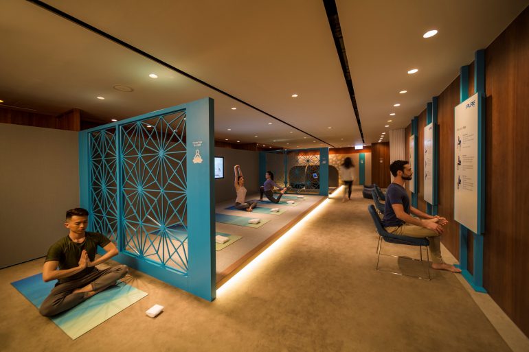 The Sanctuary by Pure Yoga at the Hong Kong International Airport, providing 700 sq. ft. serenity and relaxation in Cathay Pacific's The Pier Business Lounge